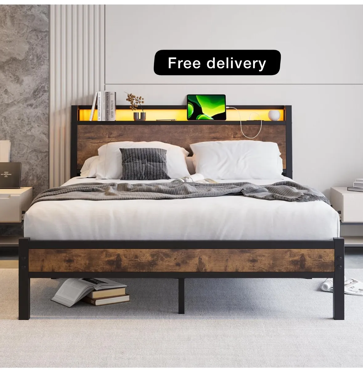 Bed Frame King Size with Charging Station and LED - Image 1