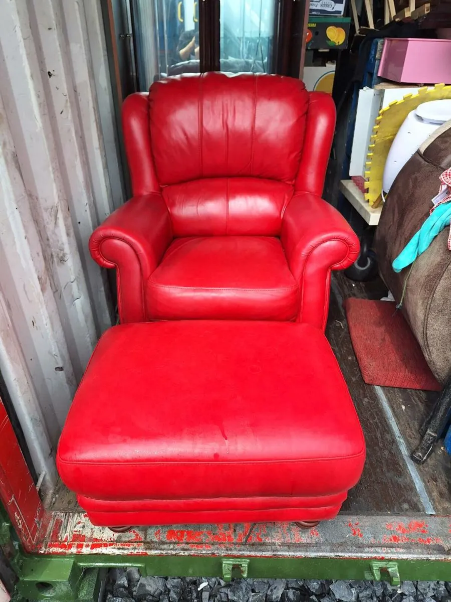 Big red leather armchair with footstool (DELIVERY) - Image 1