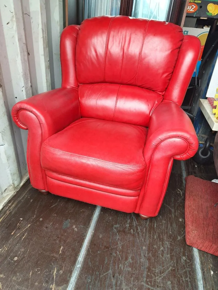 Big red leather armchair with footstool (DELIVERY) - Image 2