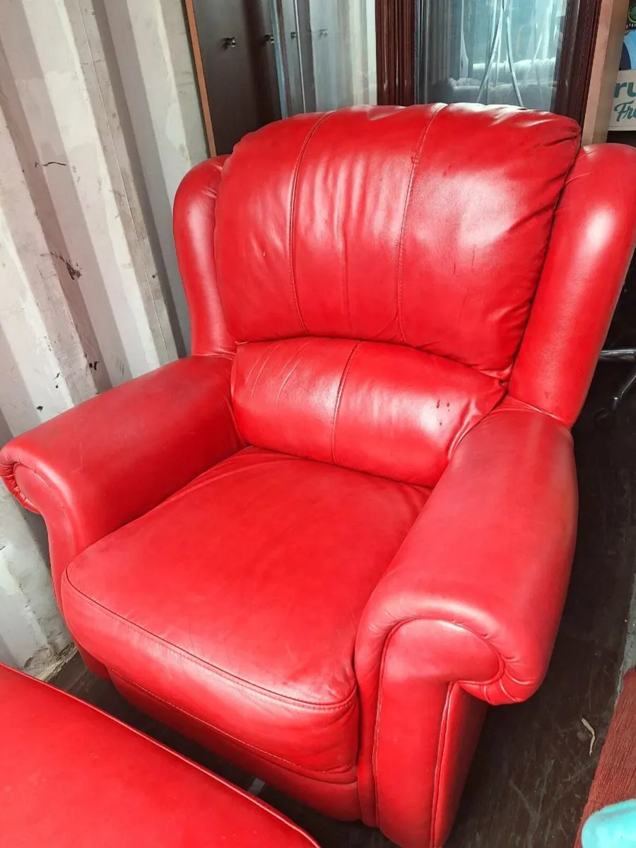 Big red leather armchair with footstool (DELIVERY) - Image 3