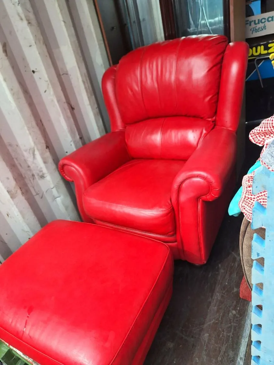 Big red leather armchair with footstool (DELIVERY) - Image 4