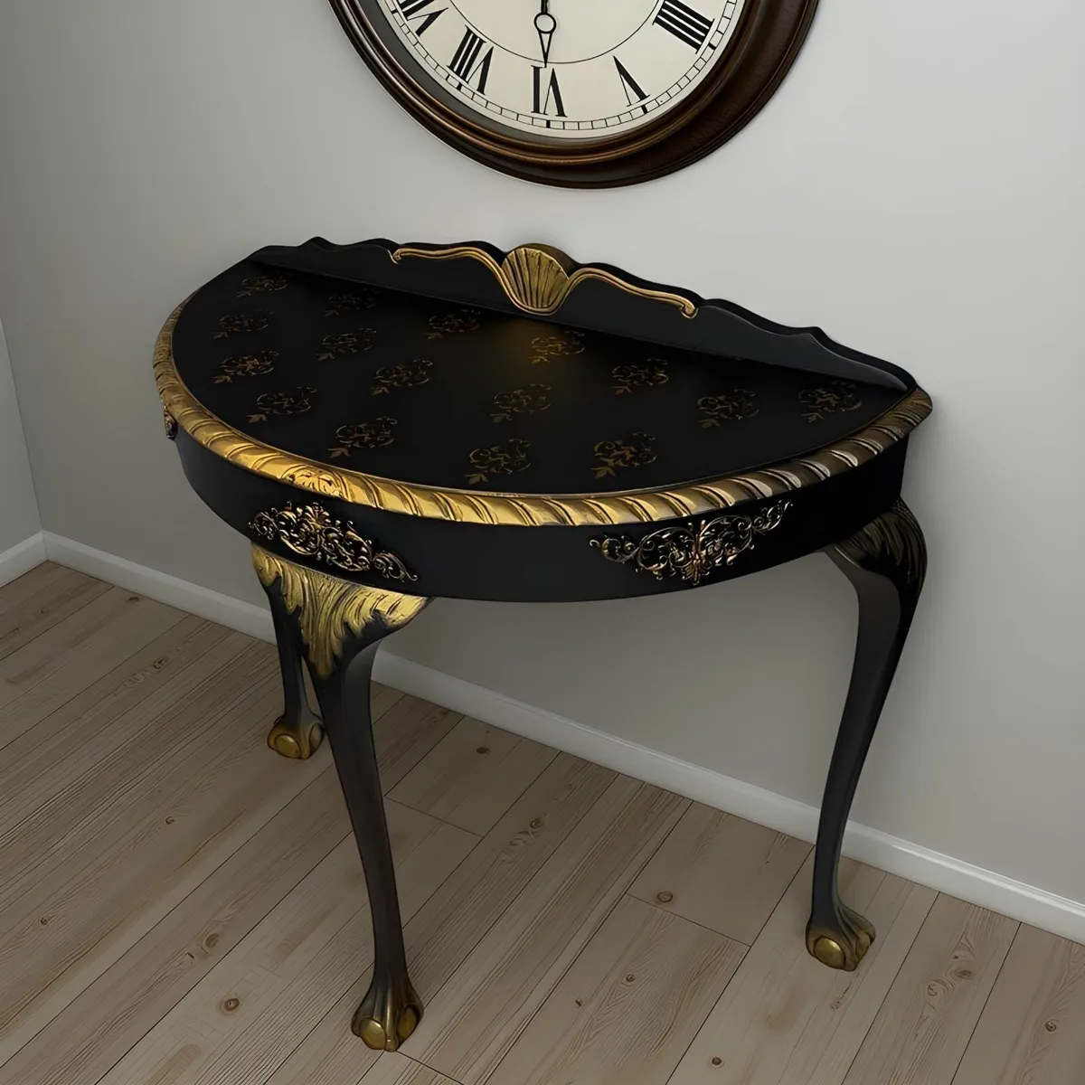 Luxurious Black and Gold Half-Moon Console Table - Image 1