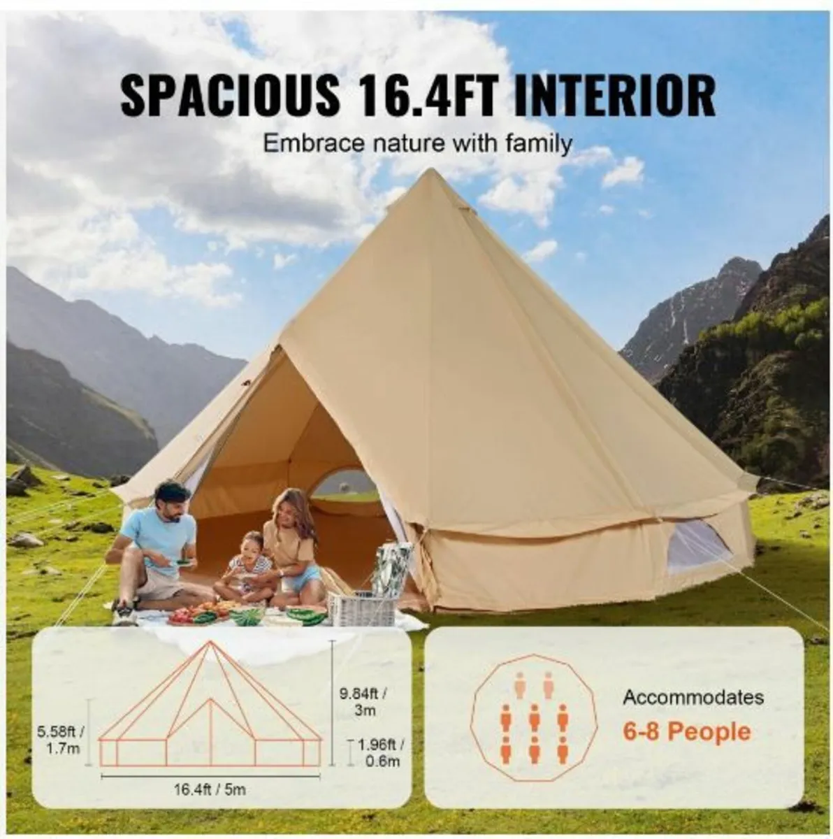 Canvas Bell Tent, 4 Seasons 5 m/16.4 ft Yurt Tent - Image 2