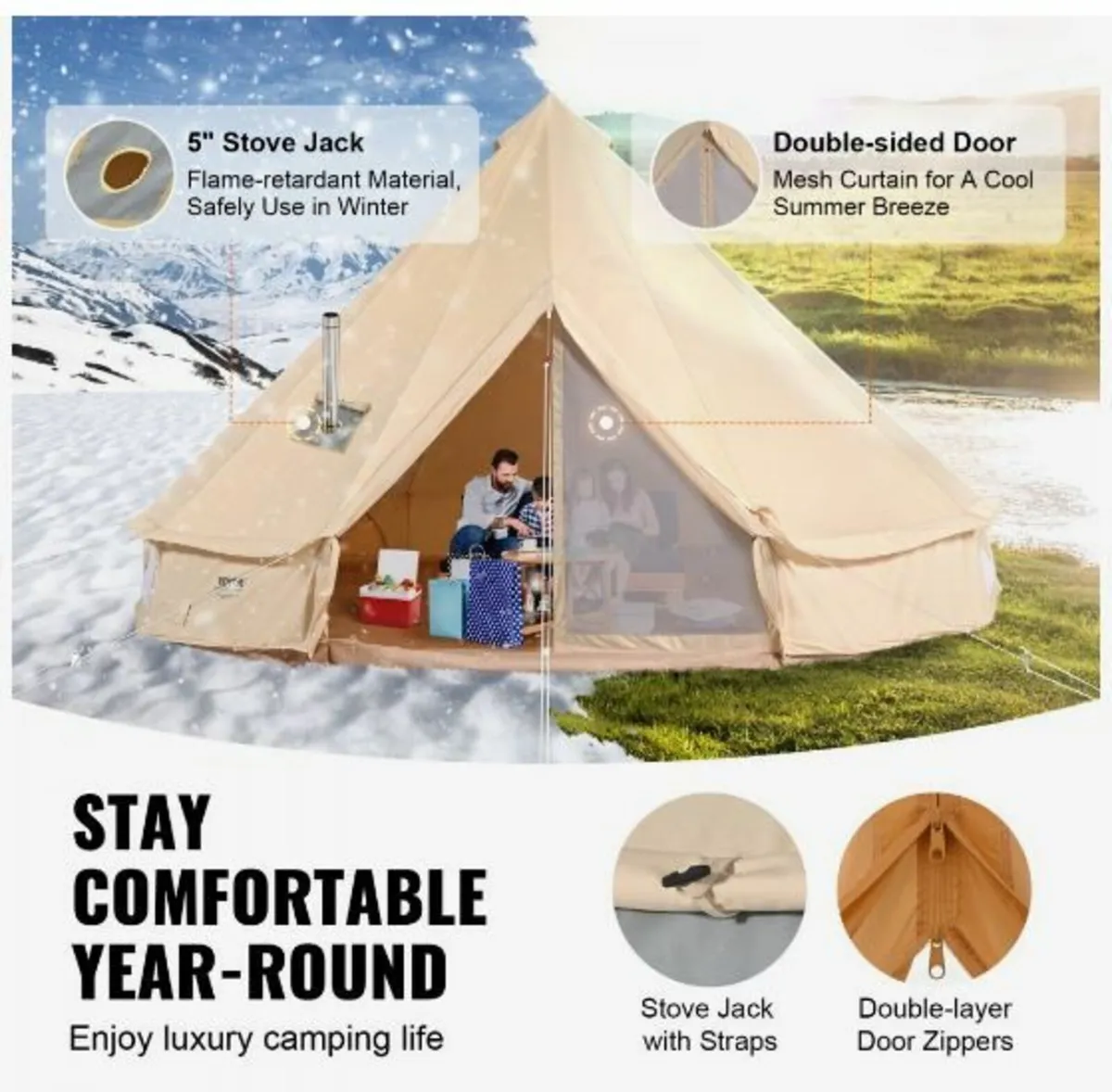 Canvas Bell Tent, 4 Seasons 5 m/16.4 ft Yurt Tent - Image 4