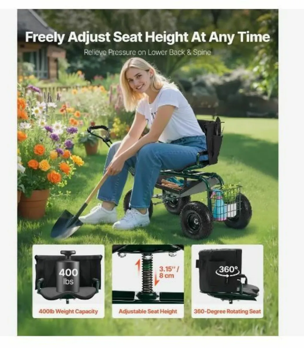 Rolling Garden Cart with Swivel Seat Wheels - Image 2