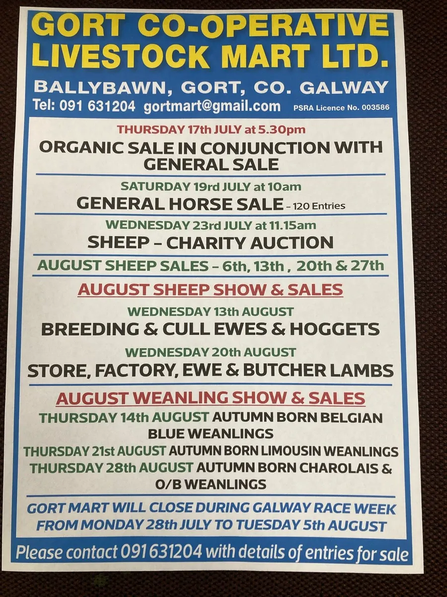 Gort Mart: Thurs 17th July: Organic & General