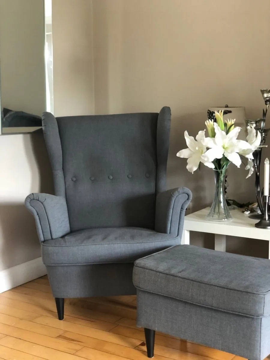 Leather sofas and ikea armchair with footstool - Image 2