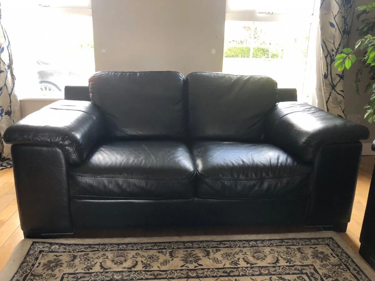 Leather sofas and ikea armchair with footstool - Image 3