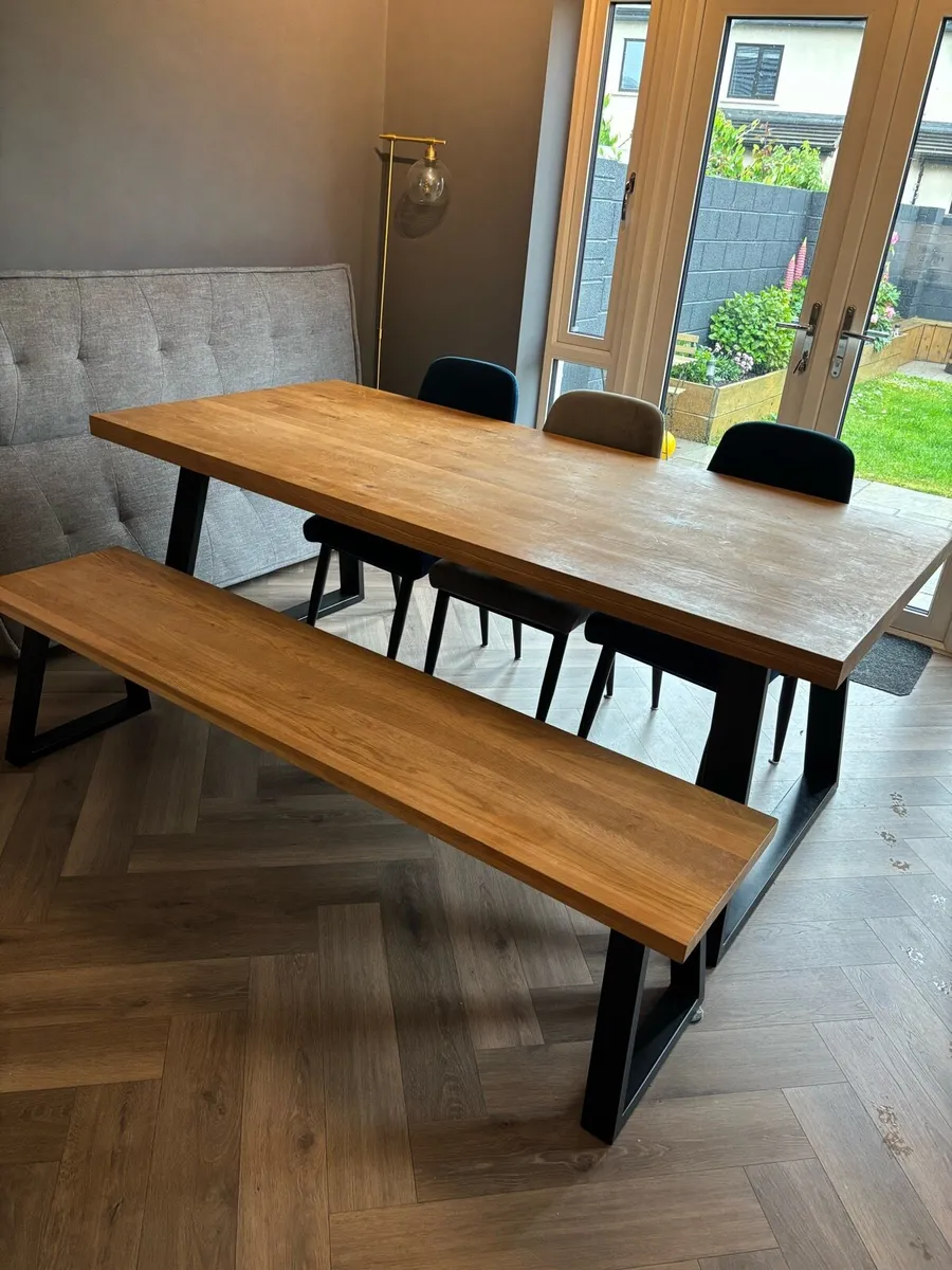 Oak Dining Table Set with Bench & Chairs - Image 1