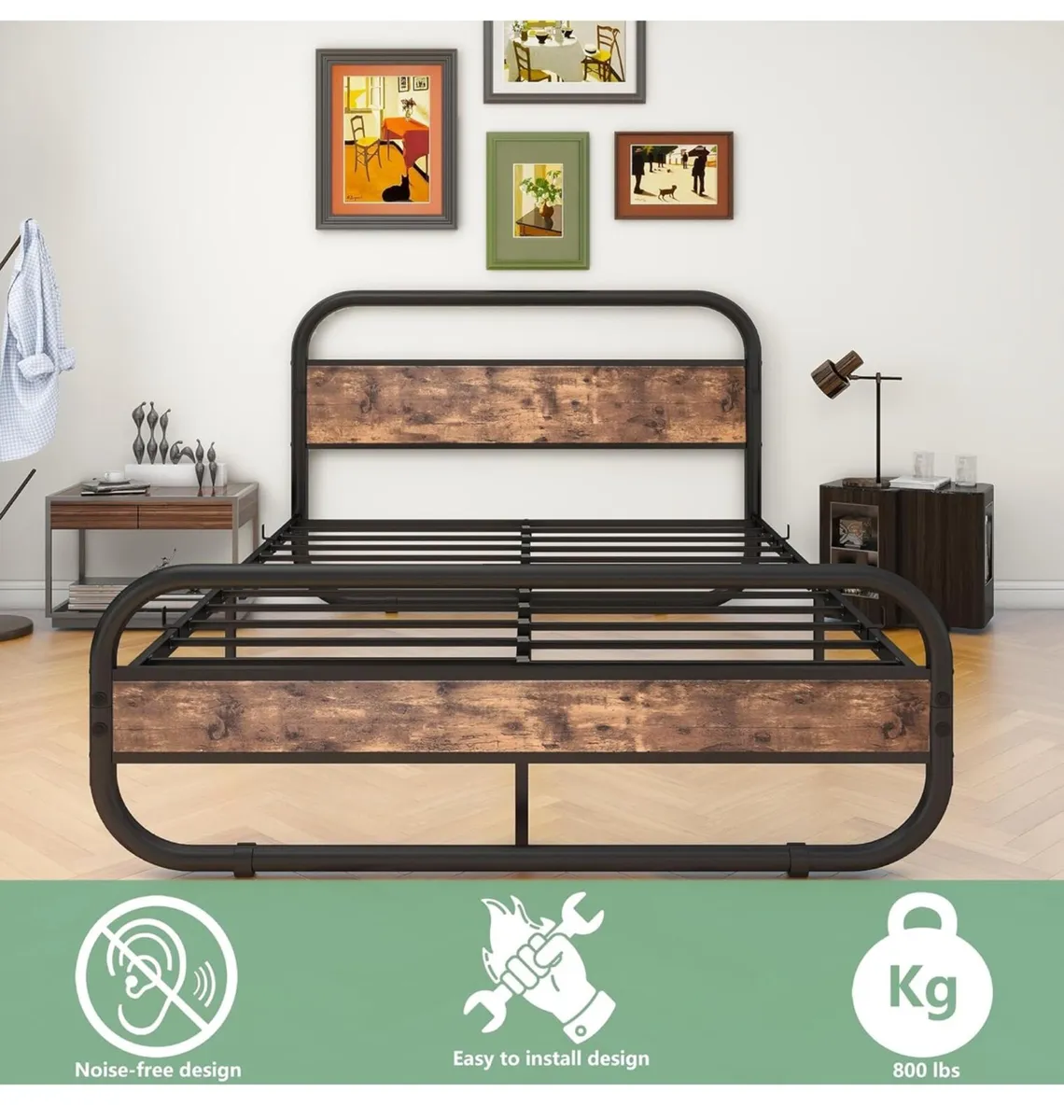 King Size Bed Metal Platform Bed Frame with Wood H - Image 2