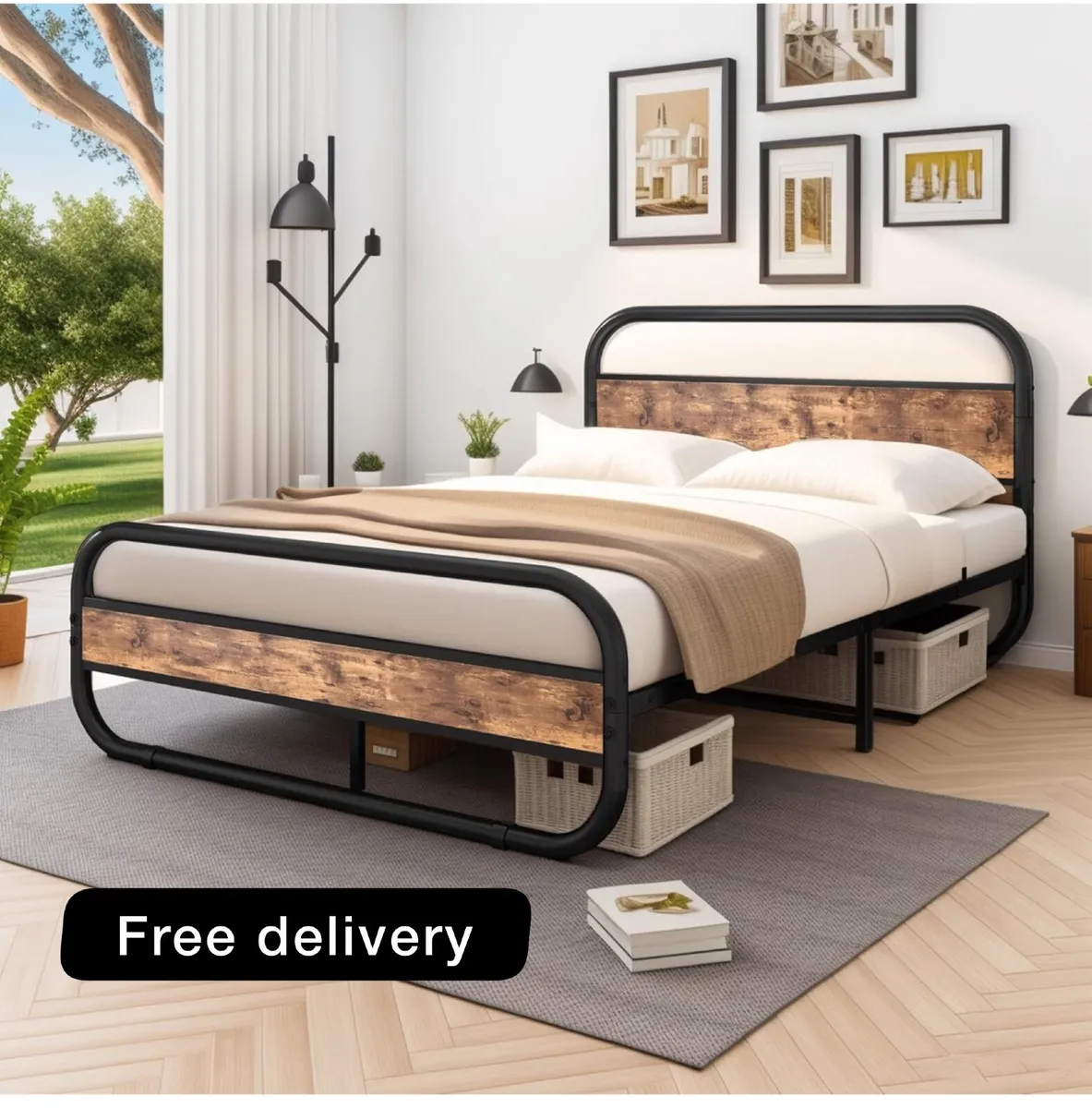 King Size Bed Metal Platform Bed Frame with Wood H - Image 1