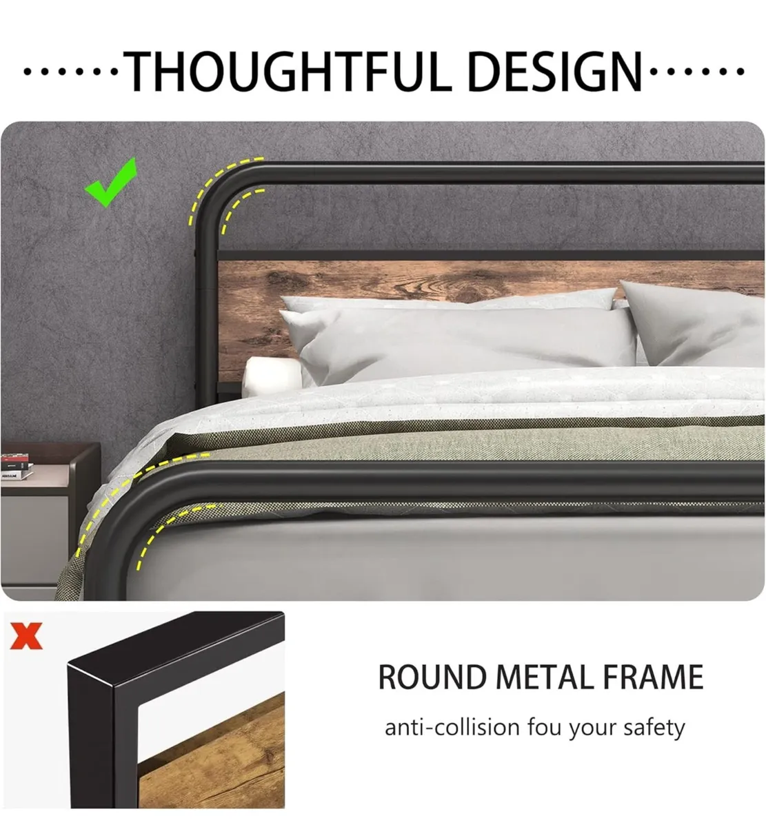 King Size Bed Metal Platform Bed Frame with Wood H - Image 4