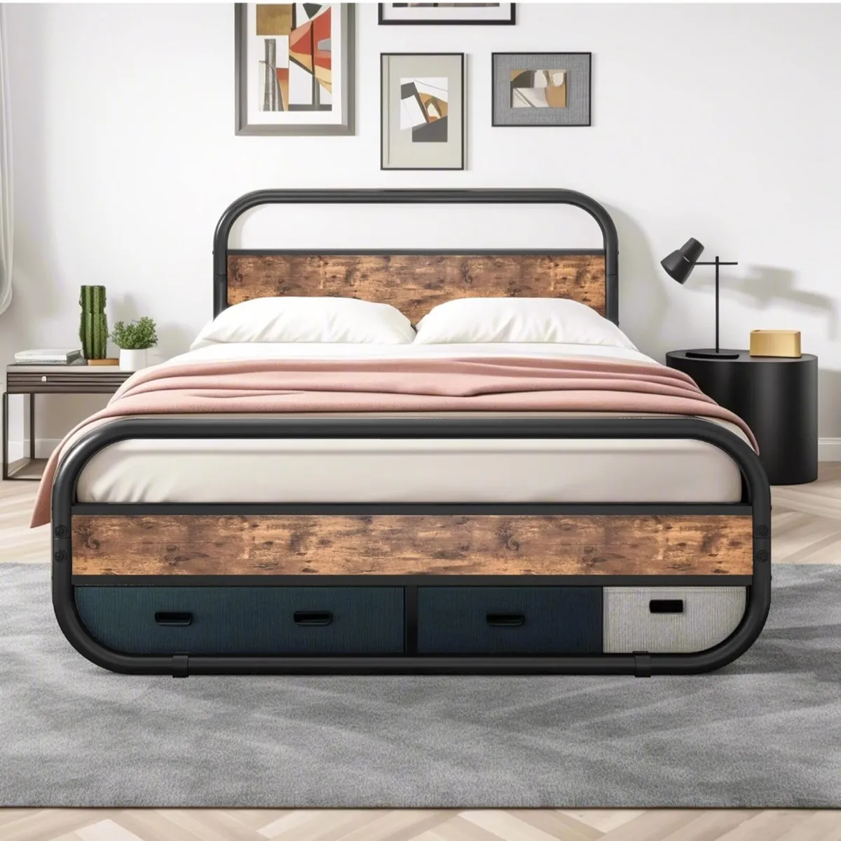 King Size Bed Metal Platform Bed Frame with Wood H - Image 2