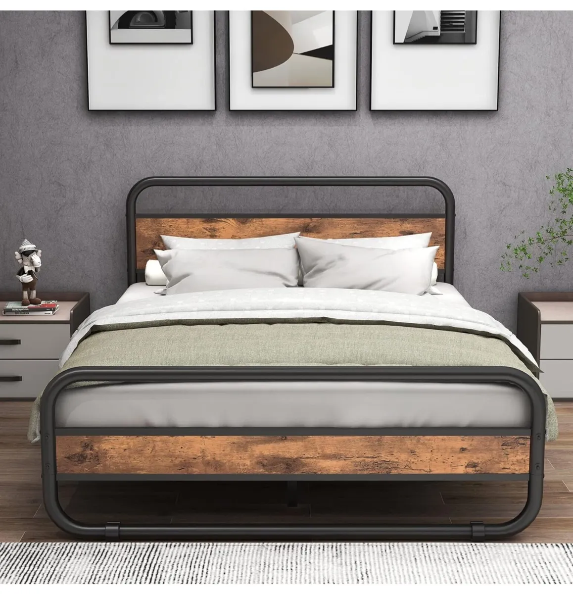 King Size Bed Metal Platform Bed Frame with Wood H - Image 1
