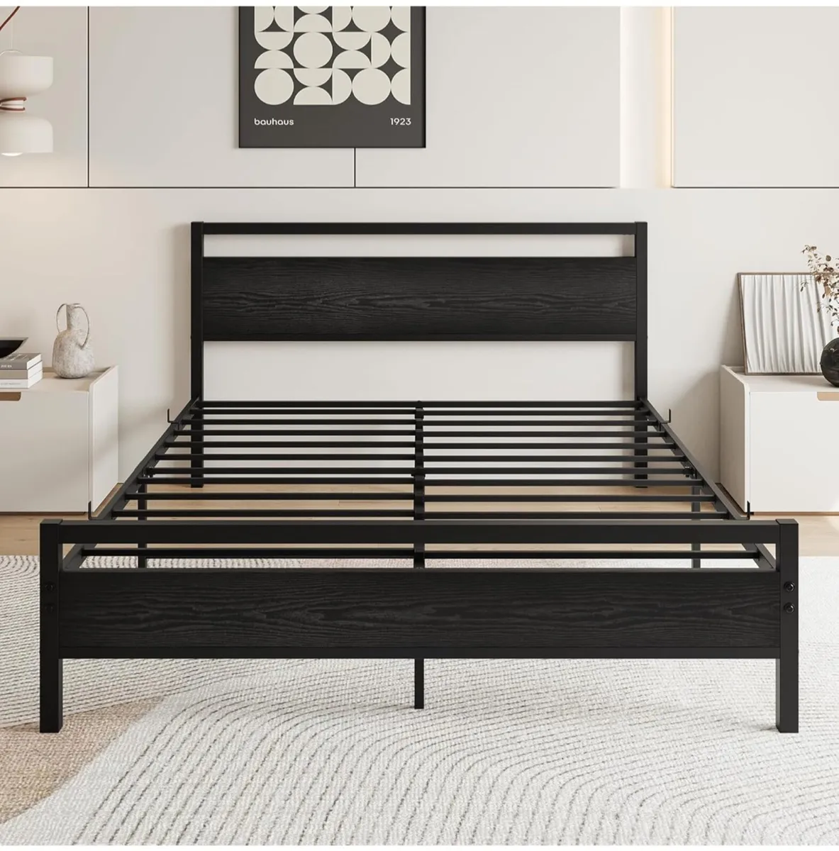 King Size Bed Frame with Wooden Headboard,Black - Image 4