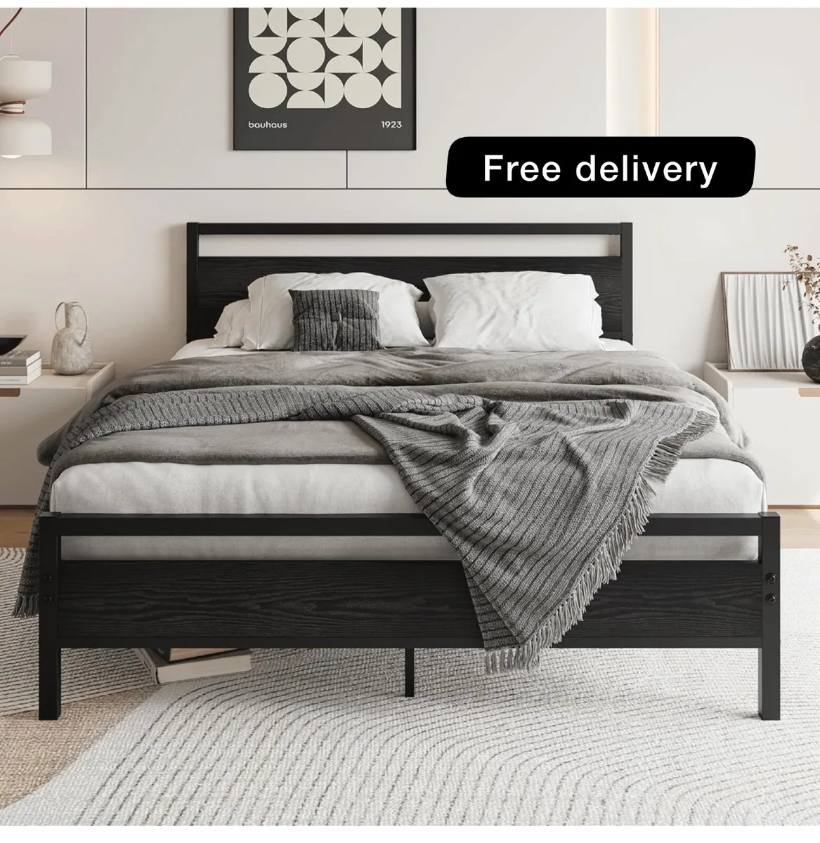 King Size Bed Frame with Wooden Headboard,Black - Image 2