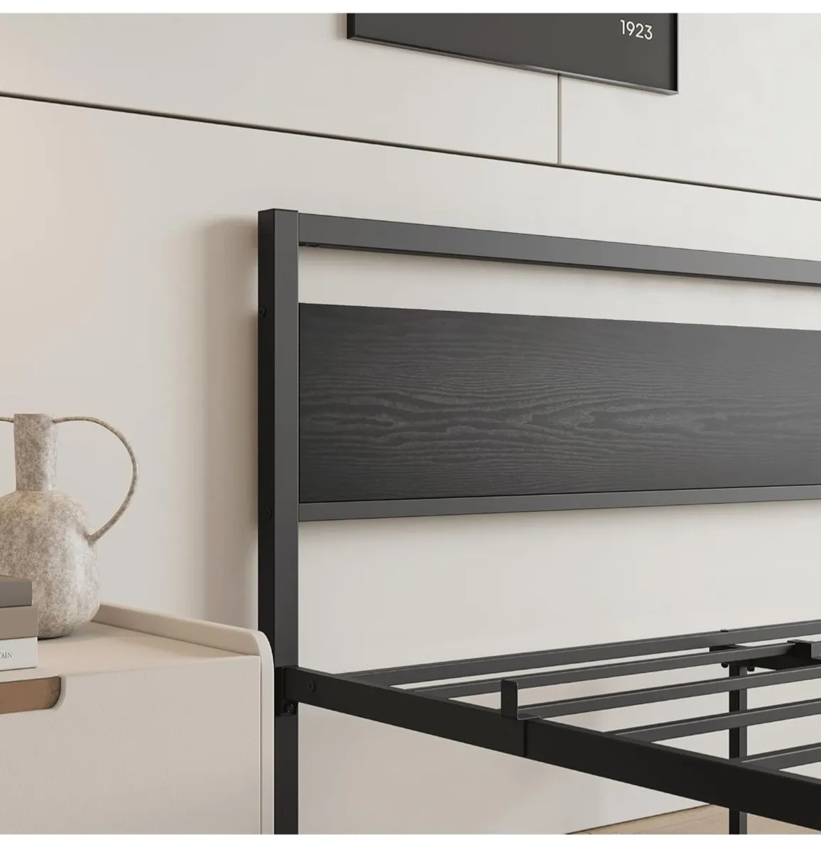 King Size Bed Frame with Wooden Headboard,Black - Image 4