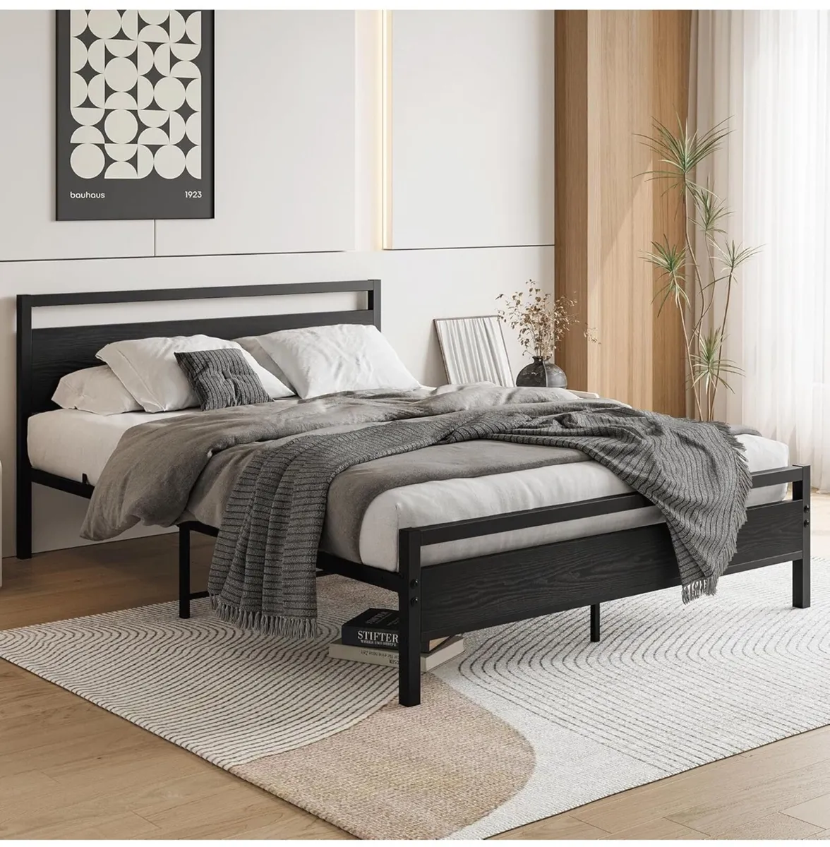 King Size Bed Frame with Wooden Headboard,Black - Image 2