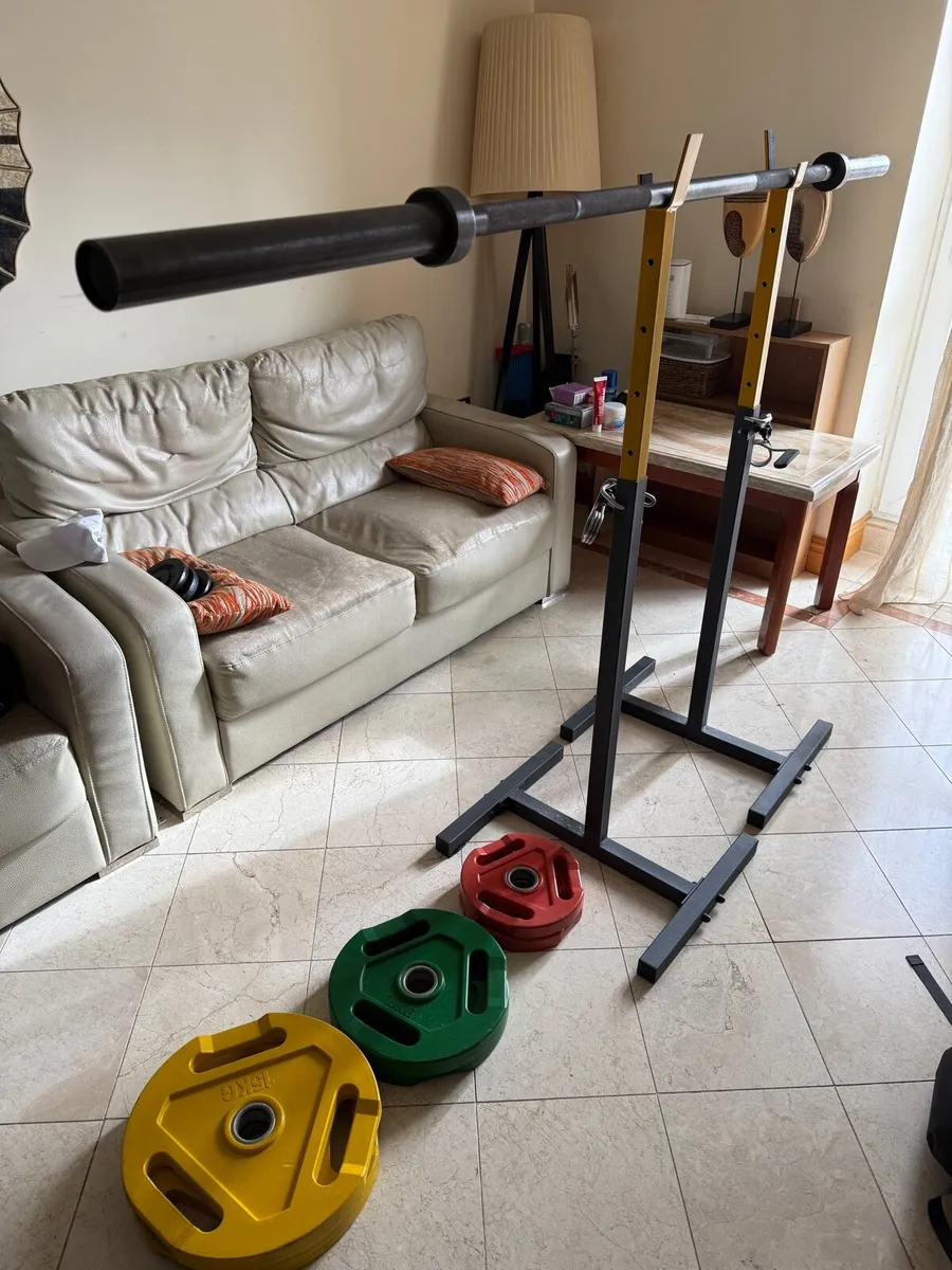 Home Gym Rack + Barbell + Weight Plates