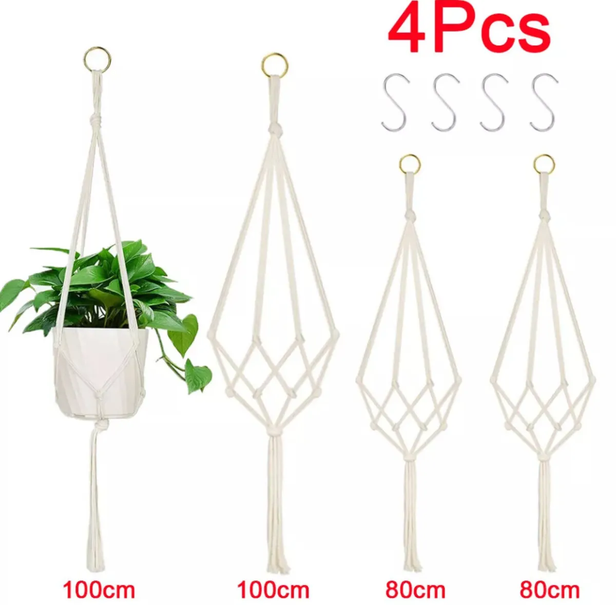 4 x Macrame Plant Hangers Hanging Pot Holders - Image 1