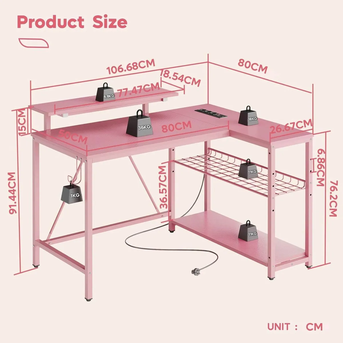 106.5cm L-Shaped Desk Power Outlets LED Office - Image 2
