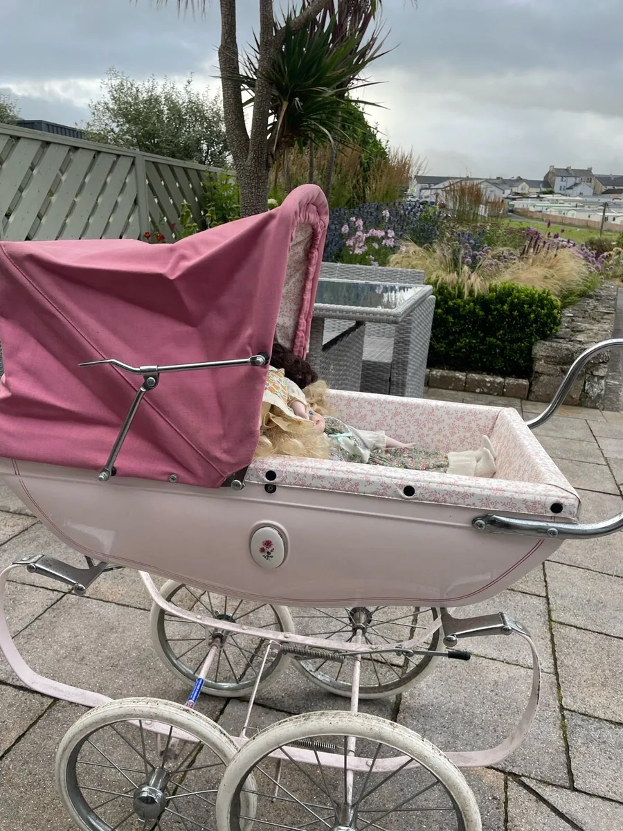 Vintage pink silver cross pram with vintage dolls - Image 1