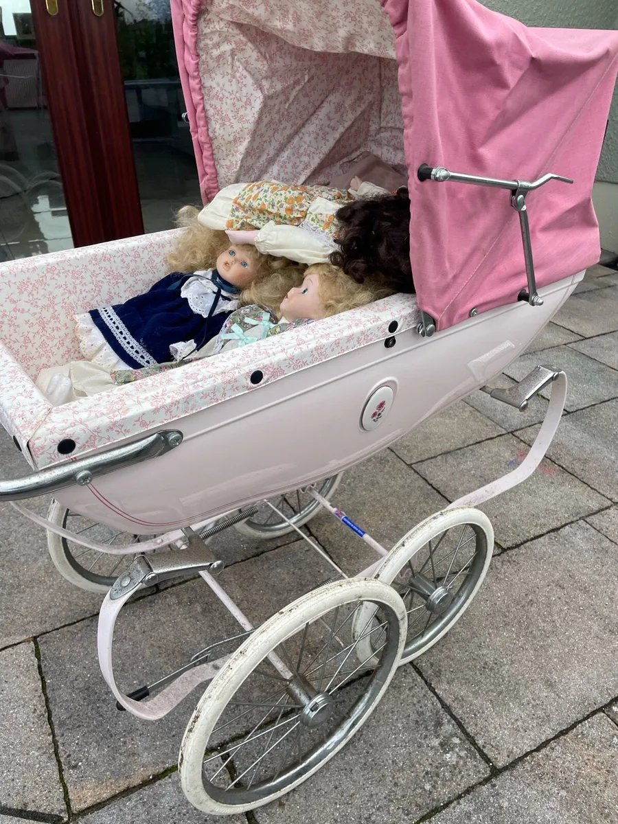 Vintage pink silver cross pram with vintage dolls - Image 3