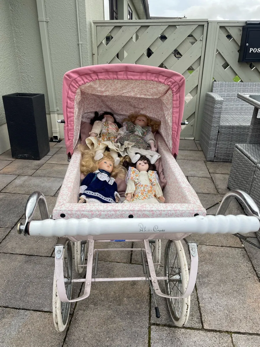 Vintage pink silver cross pram with vintage dolls - Image 4