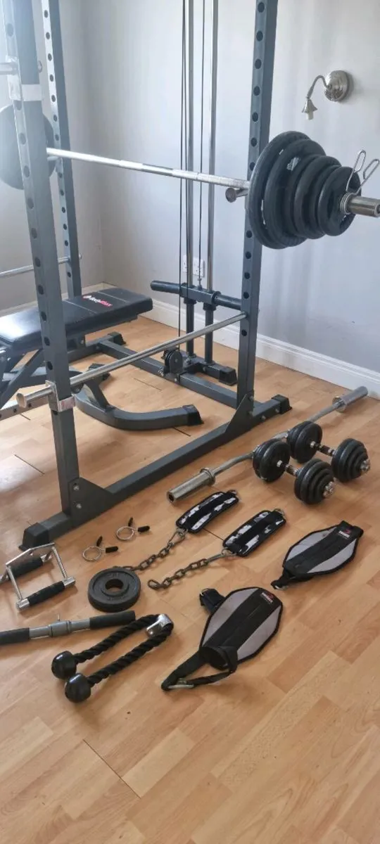 Weight rack with cables, olypic bar, attachments - Image 1