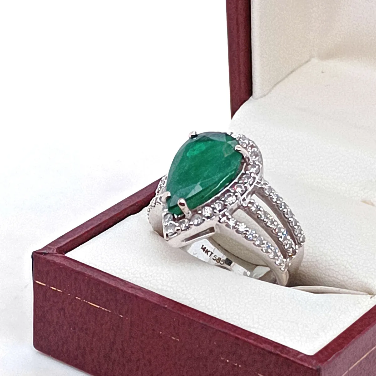 Pear Shape Emerald & Diamond Ring, 14k Gold - Image 1