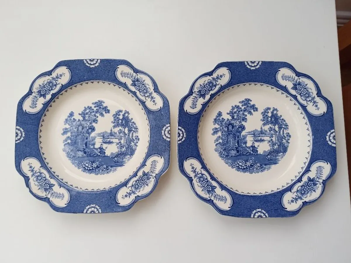 Two Vintage Adams Aladdin pattern  blue and white oriental scene shallow plates  D 22.5cm - Image 1