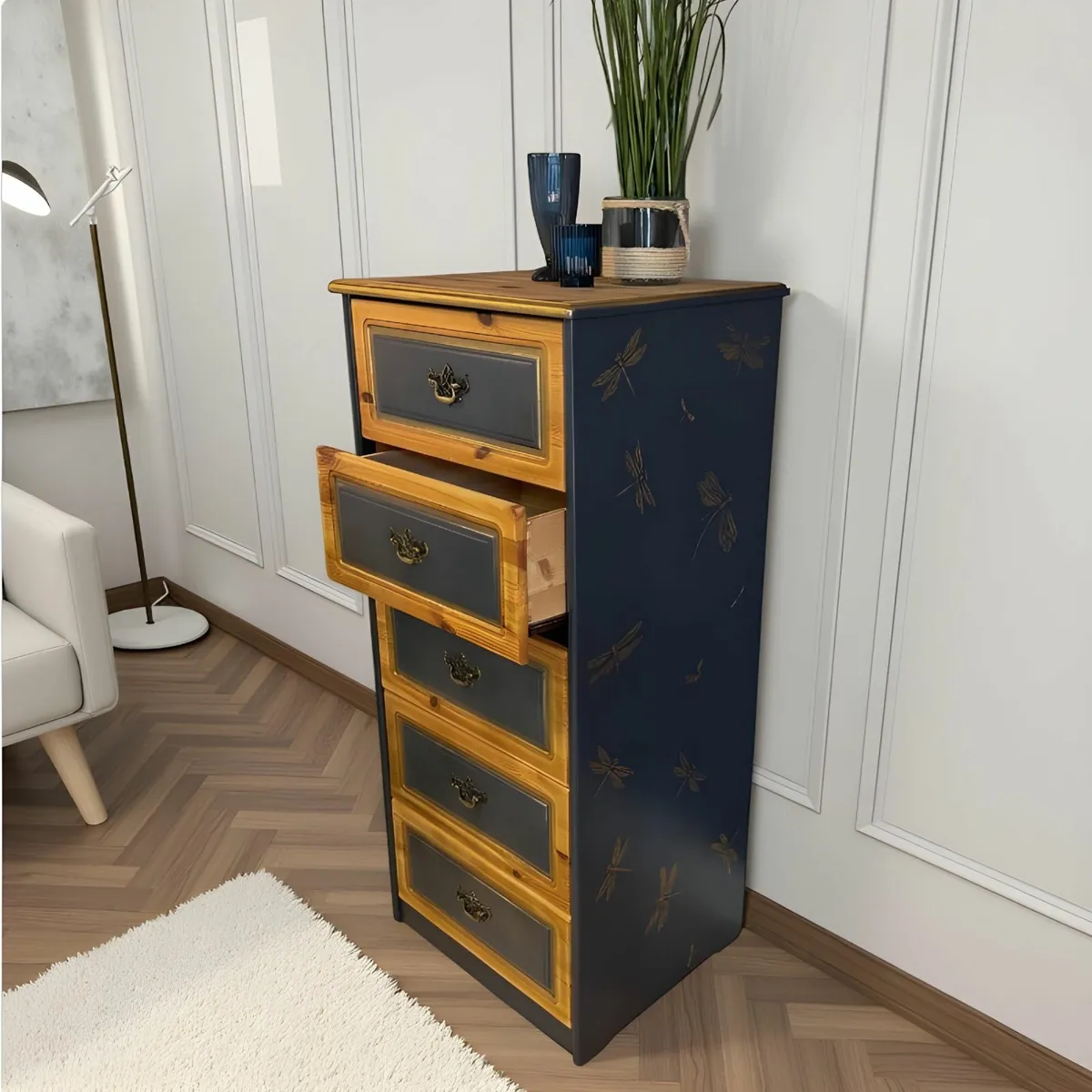 Tall Five-Drawer Gold & Slate Chest - Image 1