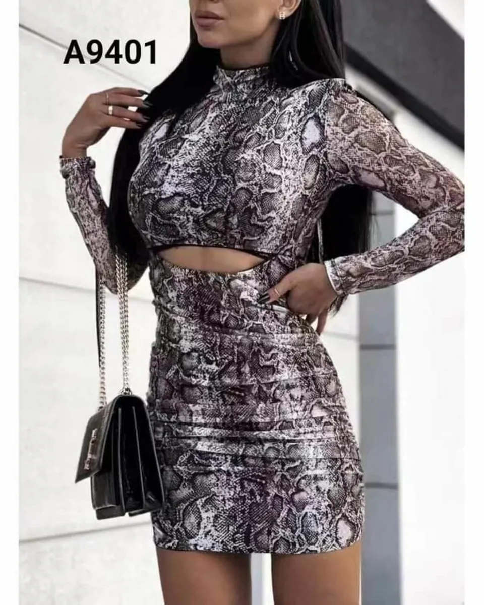Velvet Snakeskin Print Mock Neck Dress - Image 2