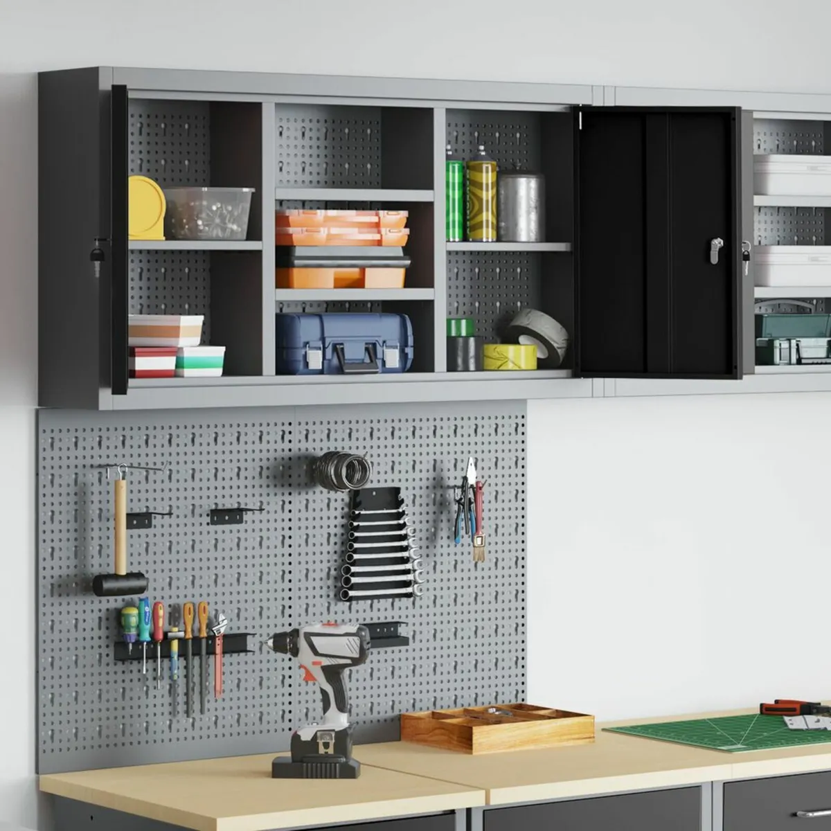 3 Piece Tool Cabinet and Pegboard Set Wall Mounted - Image 2