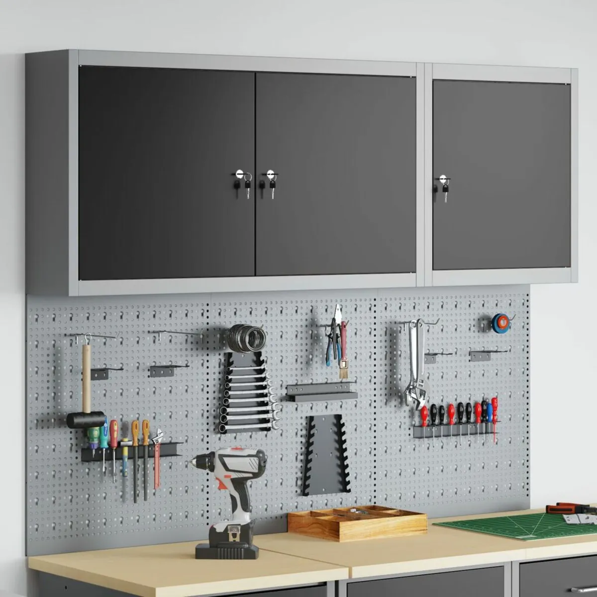 5 Piece Tool Cabinet and Pegboard Set Wall Mounted - Image 1