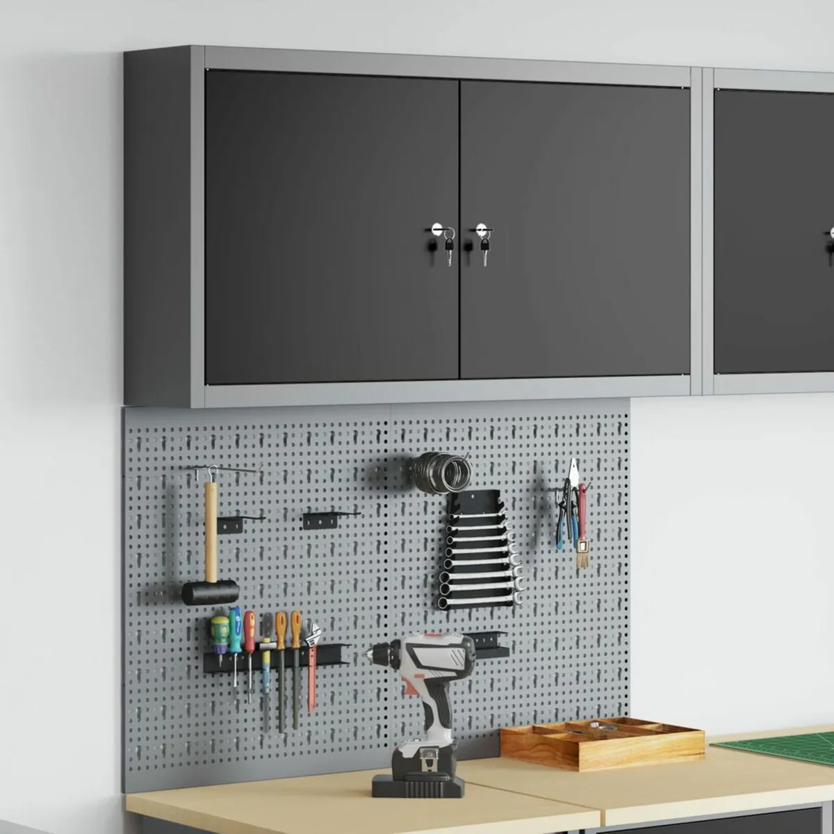 3 Piece Tool Cabinet and Pegboard Set Wall Mounted - Image 2
