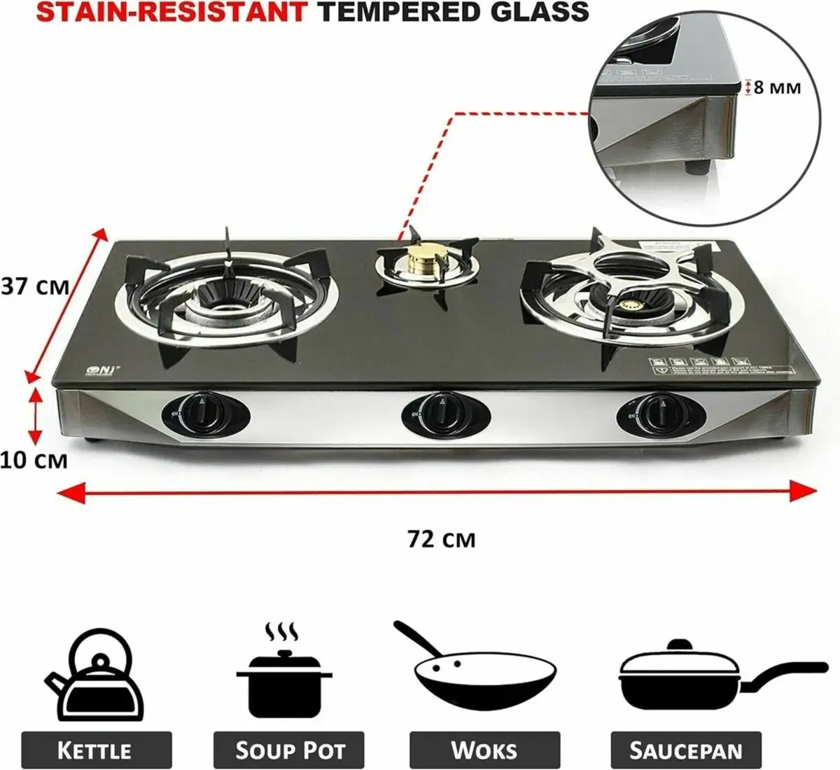 Gas Stove 2 Burner Black Glass Hob Cooker Set - Image 3