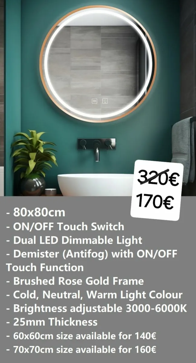 LED Bathroom Mirror Gold Demister Antifog - Image 1