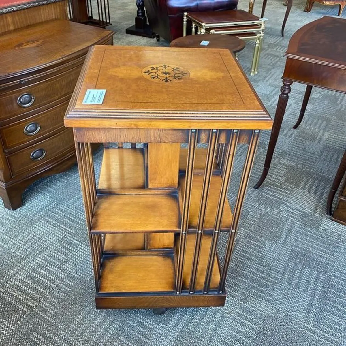 20th century walnut burr inlaid revolving bookcase - Image 1