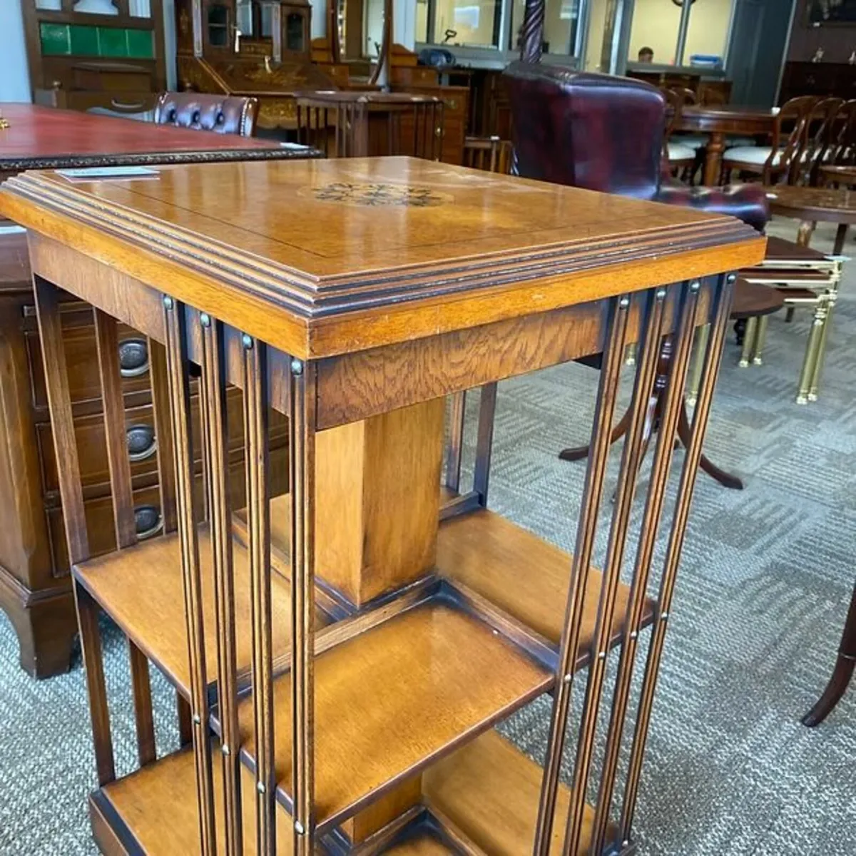 20th century walnut burr inlaid revolving bookcase - Image 2
