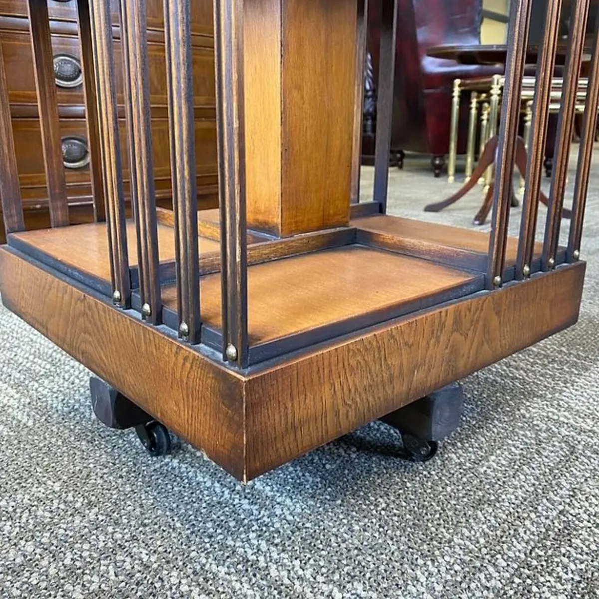 20th century walnut burr inlaid revolving bookcase - Image 3
