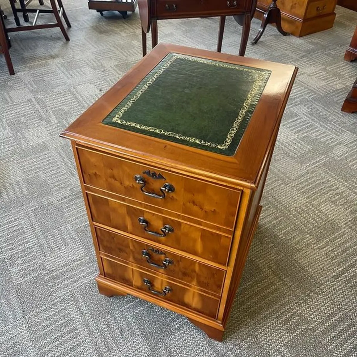 Beautiful mahogany green leather top filing cabine - Image 1