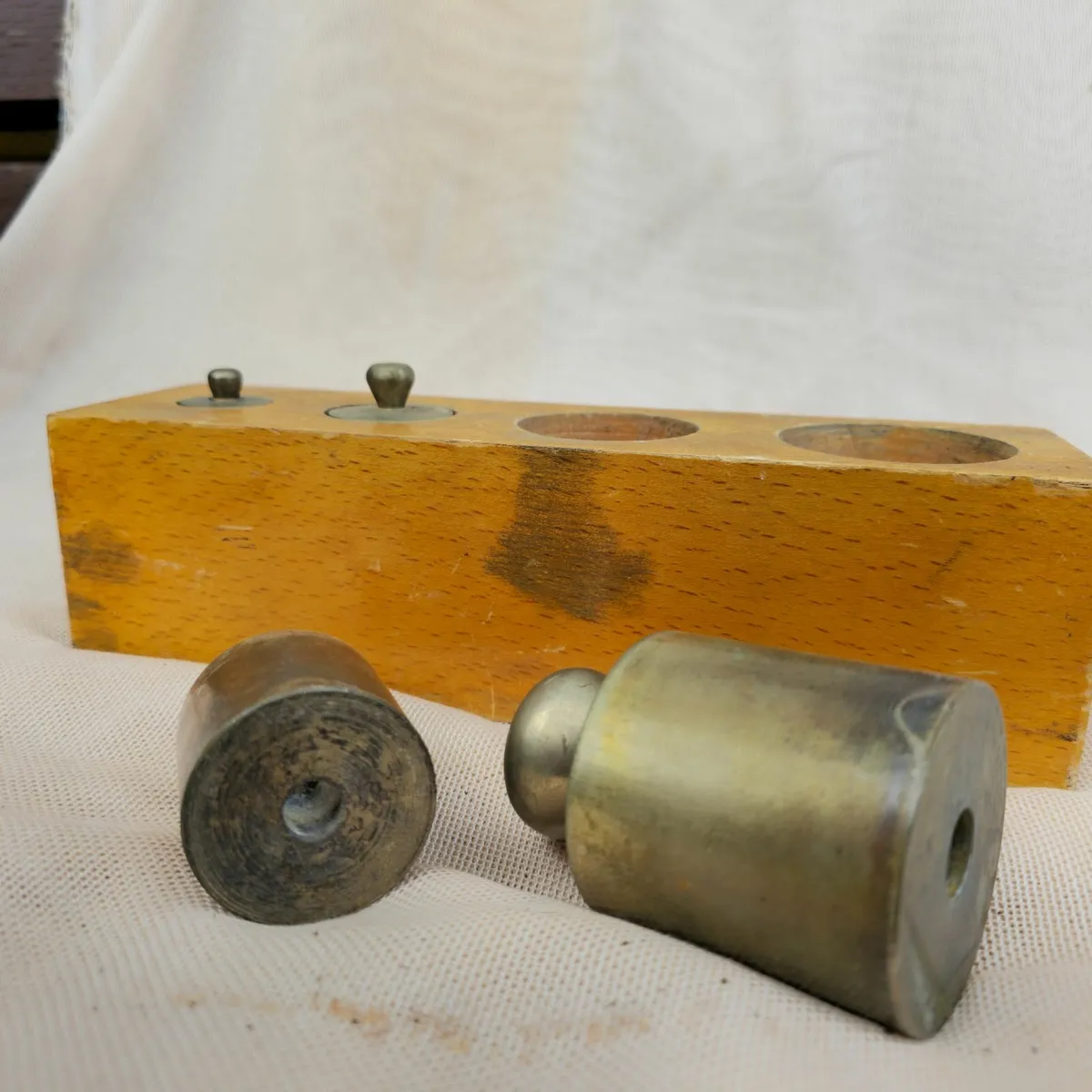 Vintage Brass Weights Set in Wooden Block - Image 1