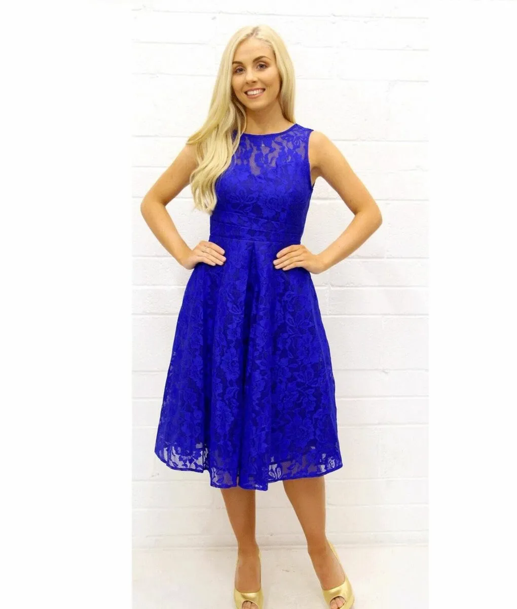 Jolie Moi Royal Blue Fit & Flare Lace Dress Size16 - Image 1