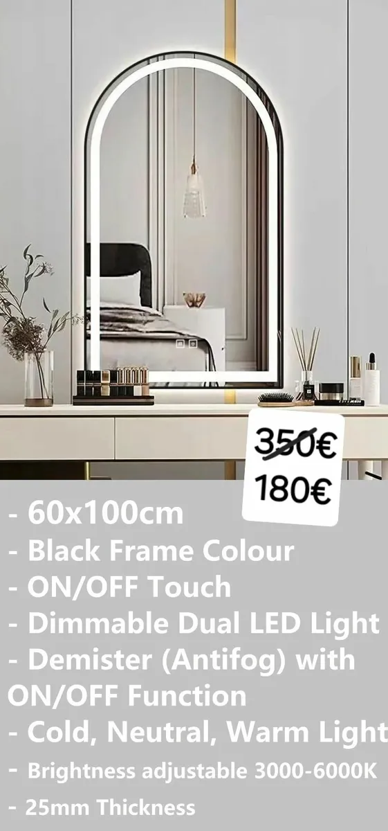 LED Bathroom Vanity Mirror Black Frame Demister - Image 1