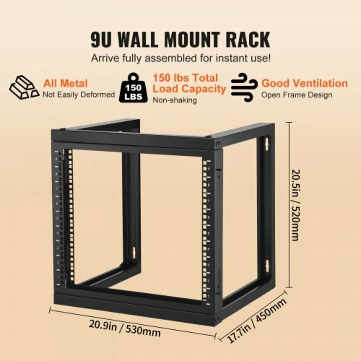 9U Wall Mount Rack 150 lbs/68.04 kg Open Frame Ser - Image 1