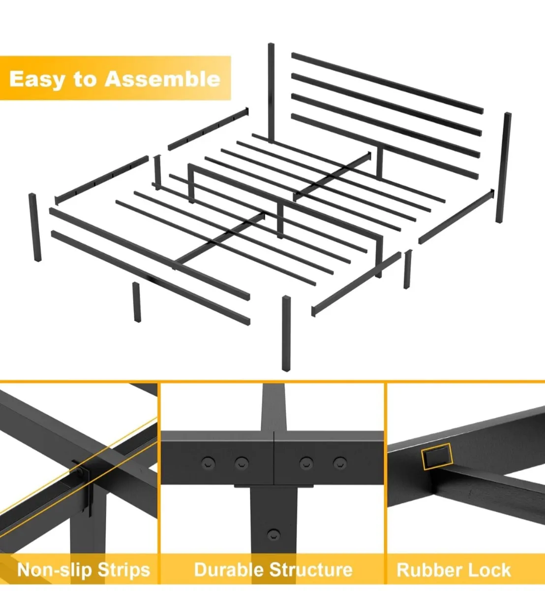 Double Bed Frames with Headboard 4ft6 Black Meta - Image 4