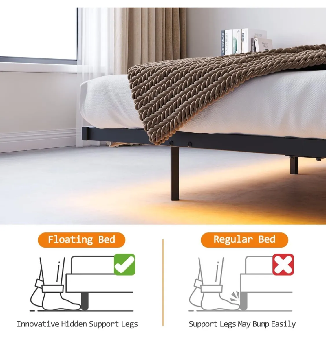 4ft6 Double Floating Bed Frame with LED Lights & U - Image 2