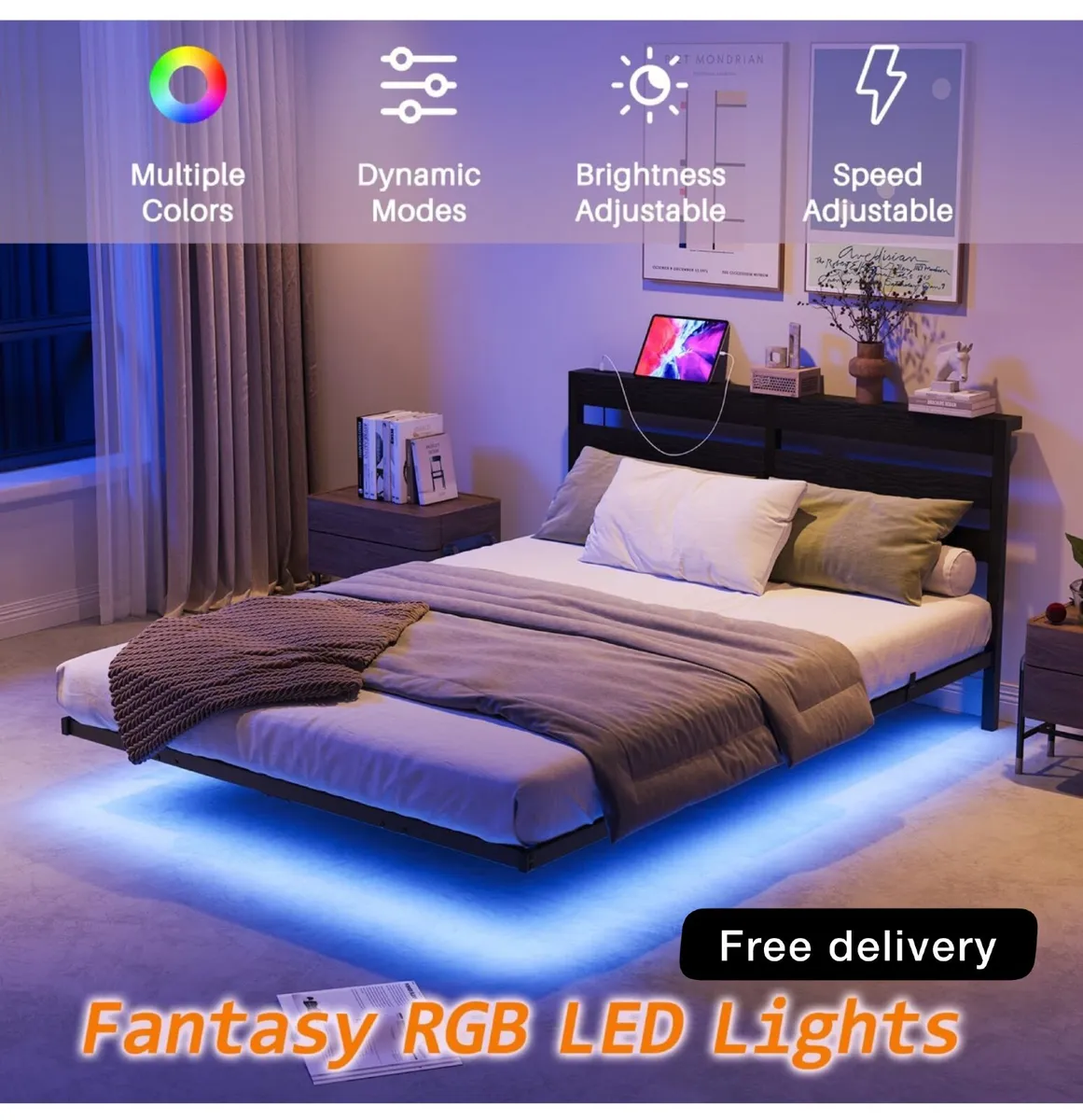4ft6 Double Floating Bed Frame with LED Lights & U - Image 1