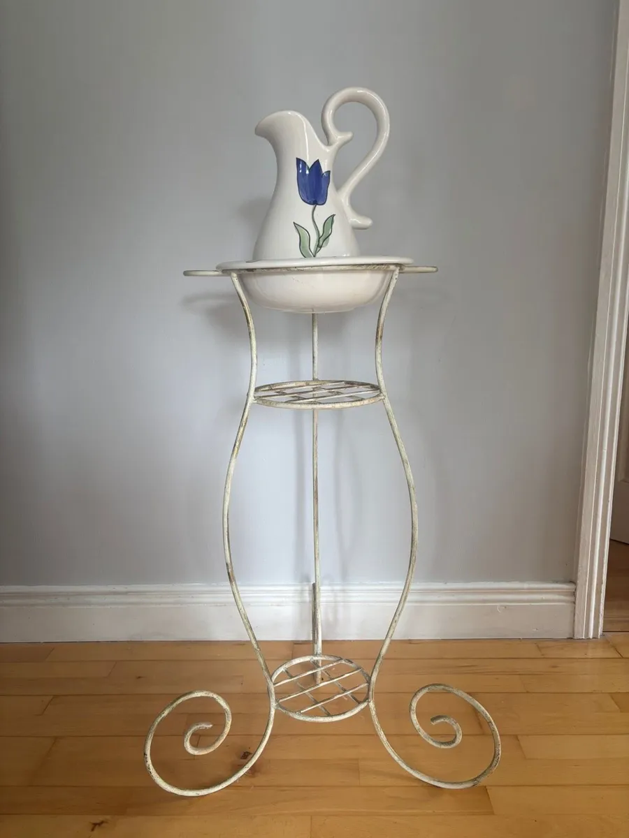 Antique pitcher and basin set with metal stand - Image 2